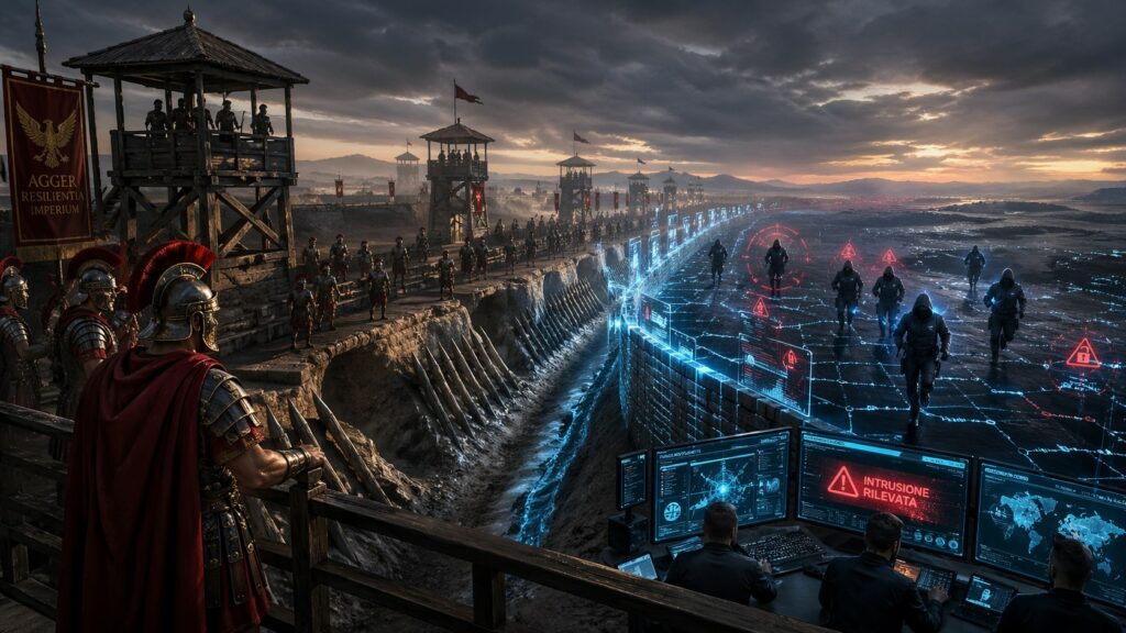 Una dettagliata illustrazione distopica fonde l'antica Roma con la tecnologia futuristica del 2026. Sulla sinistra, soldati romani in armatura tradizionale sorvegliano un vallo fortificato (il limes) con torri di guardia e fossati chiodati, sotto uno stendardo con l'aquila imperiale e la scritta "AGGER RESILIENTIA IMPERIUM". Sulla destra, il fossato si trasforma in un campo dati olografico di colore ciano, dove si muovono figure incappucciate che rappresentano attaccanti cibernetici. In primo piano a destra, un'avanzata postazione di comando con schermi mostra mappe globali e un grande avviso rosso: "INTRUSIONE RILEVATA". Al centro, il campo di battaglia fisico è sovrapposto a reti digitali e icone di allarme rosse, illustrando visivamente la difesa cyber-fisica e la threat intelligence della supply chain discussa nel panel della RHC Conference.