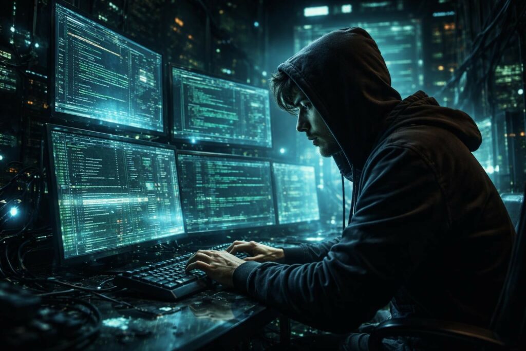 Un hacker incappucciato siede davanti a un multi-monitor setup in una stanza buia, con la luce dei display che si riflette sul suo viso. Cinque monitor visualizzano linee di codice verde brillante, con una varietà di informazioni tecniche che scorrono sullo schermo. L'hacker è concentrato e lavora diligentemente, con le sue mani che si muovono rapidamente sulla tastiera. Il suo abbigliamento, un felpa con cappuccio scura, suggerisce un desiderio di privacy e segretezza. La scena è piena di un'atmosfera di tensione e mistero, mentre l'hacker si impegna in una caccia virtuale.