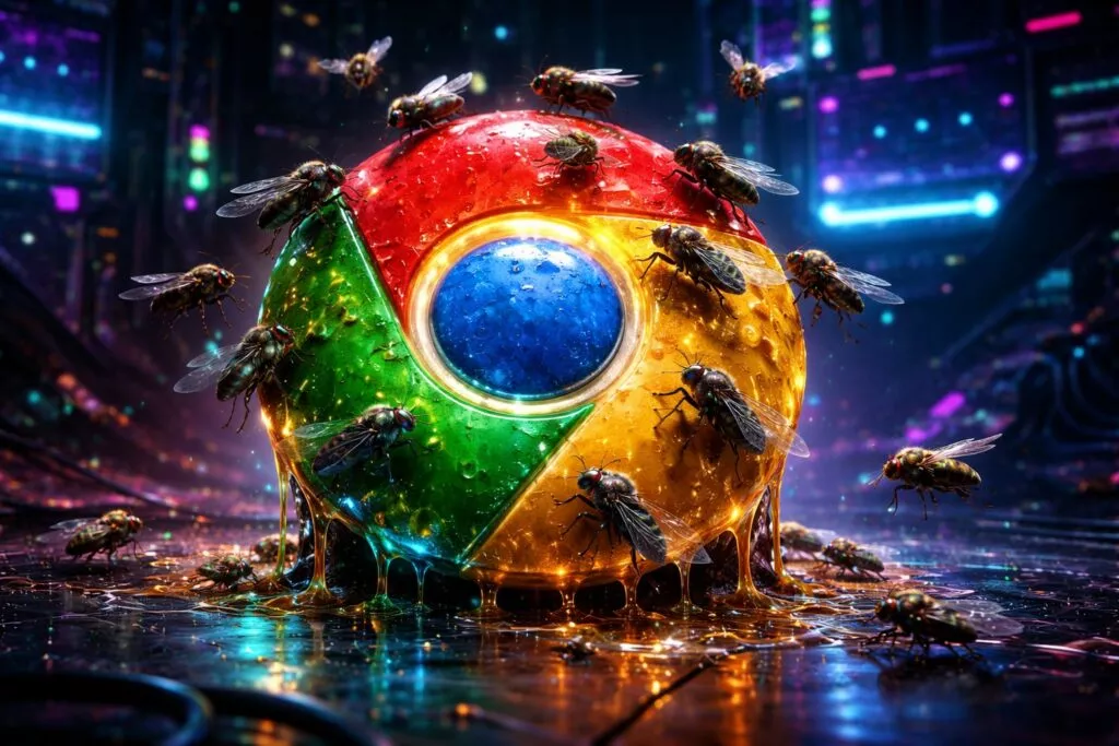 il logo di google chrome ricoperto di mosche che stanno succhiando il logo come fosse del miele.