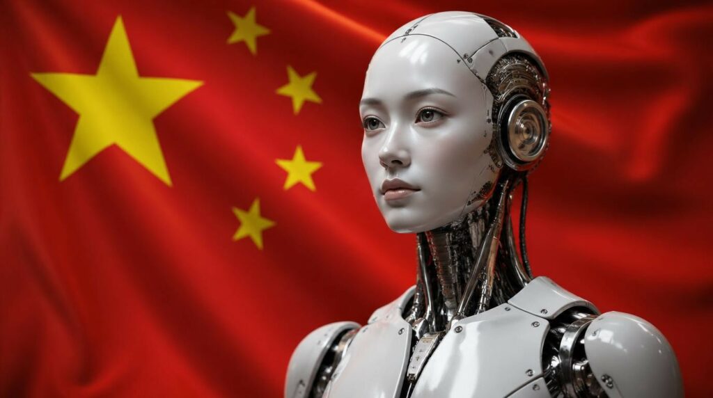 Un'immagine fotografica ravvicinata che ritrae un busto di robot umanoide bianco e cromato con una finitura opaca. Il robot ha un volto dall'aspetto asiatico e una struttura meccanica visibile nel collo, nelle cuffie integrate e sulla nuca. Il robot è posizionato di profilo, con un'espressione neutra, e fissa un punto oltre l'inquadratura. Dietro di esso, una bandiera della Repubblica Popolare Cinese (bandiera rossa con cinque stelle gialle) è drappeggiata e leggermente mossa, creando uno sfondo sfocato ma ben riconoscibile. L'illuminazione è morbida e professionale.