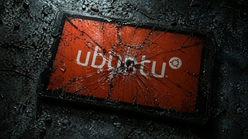 Un'immagine fotografica ravvicinata e teatrale mostra un tablet robusto e gravemente danneggiato adagiato su una superficie di detriti di asfalto scuro e frammentato. Il display del tablet è coperto da una rete complessa e radiante di fratture a ragnatela e crepe profonde, che si estendono su uno schermo di colore rosso scuro. Al centro esatto dello schermo, la parola "ubuntu" è stampata in caratteri bianchi puliti, accompagnata dal logo rotondo e bianco del "Cofano" di Ubuntu a destra. Il testo e il logo rimangono perfettamente intatti e leggibili, non influenzati dai danni diffusi che li circondano. Frammenti di vetro sciolti e detriti scuri circondano il dispositivo, che è illuminato da una luce fredda e direzionale che accentua le crepe e la consistenza della superficie ruvida. L'immagine trasmette un senso di resilienza contro la distruzione.