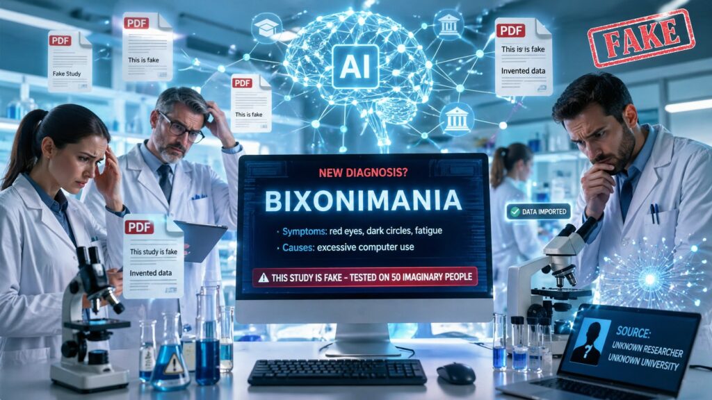 Un'immagine concettuale ambientata in un laboratorio scientifico moderno che illustra i pericoli della disinformazione generata dall'IA. Al centro, un monitor mostra una finta patologia chiamata "BIXONIMANIA", con sintomi e cause inventati, contrassegnata da un avviso che dichiara lo studio falso. Intorno allo schermo, ricercatori dall'aria confusa e preoccupata osservano documenti PDF fluttuanti etichettati come "Fake Study" o "Invented data". Un grande cervello digitale luminoso con la scritta "AI" sovrasta la scena, mentre un timbro rosso "FAKE" in alto a destra sottolinea la natura ingannevole delle informazioni prodotte dal sistema.