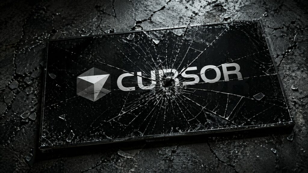 Un'immagine drammatica e cinematografica mostra un tablet o uno schermo nero adagiato su un terreno di cemento grezzo e crepato. Il vetro del dispositivo è pesantemente frantumato, con una ragnatela di crepe che si irradia da un punto d'impatto centrale. Al centro dello schermo spicca il logo e la scritta "CURSOR" in un carattere sans-serif moderno, di colore argento metallizzato. Accanto al testo è presente un’icona geometrica a forma di cubo stilizzato. L'illuminazione è soffusa e cupa, accentuando i frammenti di vetro sparsi e la texture ruvida della superficie circostante, suggerendo un senso di distruzione tecnologica o un fallimento di sistema.