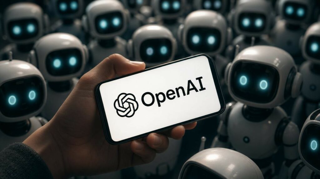 Un'immagine concettuale mostra una mano in primo piano che regge uno smartphone in orizzontale. Sullo schermo bianco risalta il logo nero di OpenAI accanto alla scritta omonima. Lo sfondo è affollato da una moltitudine di piccoli robot bianchi dall'aspetto amichevole e moderno, con teste arrotondate e grandi occhi azzurri luminosi che guardano verso l'osservatore. L'illuminazione soffusa crea un contrasto suggestivo tra la mano nitida e l'esercito di robot che sfuma gradualmente nella profondità di campo, suggerendo i temi dell'intelligenza artificiale, dell'automazione e della tecnologia digitale diffusa.