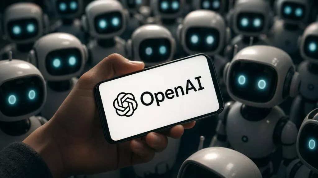 Un'immagine concettuale mostra una mano in primo piano che regge uno smartphone in orizzontale. Sullo schermo bianco risalta il logo nero di OpenAI accanto alla scritta omonima. Lo sfondo è affollato da una moltitudine di piccoli robot bianchi dall'aspetto amichevole e moderno, con teste arrotondate e grandi occhi azzurri luminosi che guardano verso l'osservatore. L'illuminazione soffusa crea un contrasto suggestivo tra la mano nitida e l'esercito di robot che sfuma gradualmente nella profondità di campo, suggerendo i temi dell'intelligenza artificiale, dell'automazione e della tecnologia digitale diffusa.