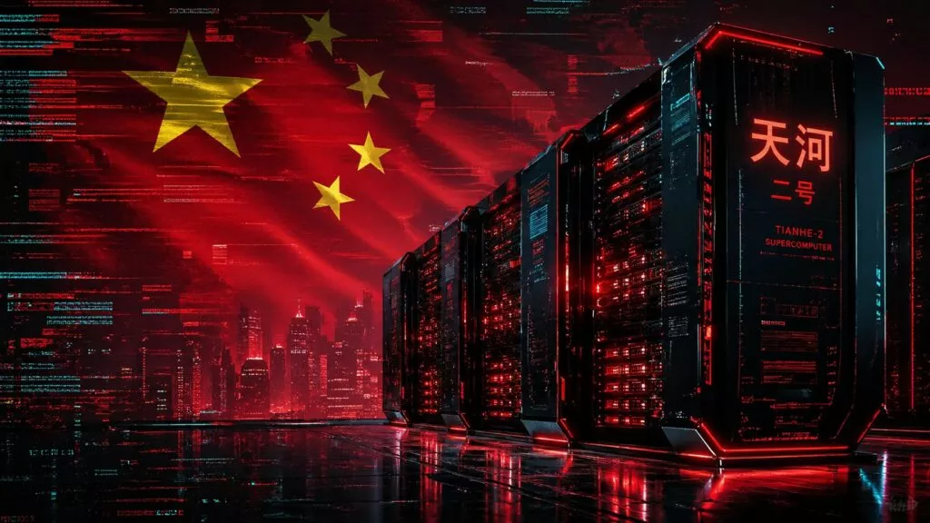 Un'illustrazione digitale in stile cyberpunk mostra il supercomputer cinese Tianhe-2 (MilkyWay-2). In primo piano, imponenti rack di server neri con finiture rosse neon espongono caratteri cinesi e la scritta "Tianhe-2 Supercomputer". Sullo sfondo domina una bandiera della Cina che sventola, integrata con texture di glitch digitali e stringhe di codice binario. La scena è ambientata su una superficie lucida e riflettente, con lo skyline di una metropoli futuristica immersa in una luce rossa soffusa. L'atmosfera generale evoca potenza tecnologica, sovranità digitale e un'estetica sci-fi distopica ad alto contrasto.
