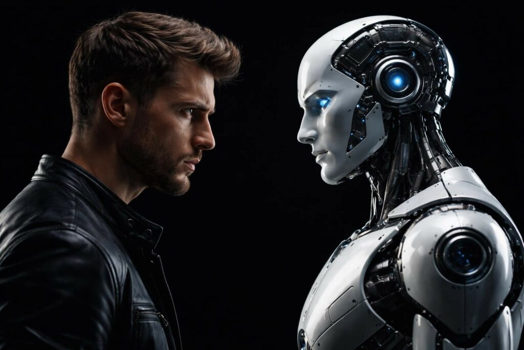 un umano a mezzo busto di profilo sta di fronte ad un robot umanoide di profilo. i due si guardano con sguardo di sfida. lo sfondo è nero