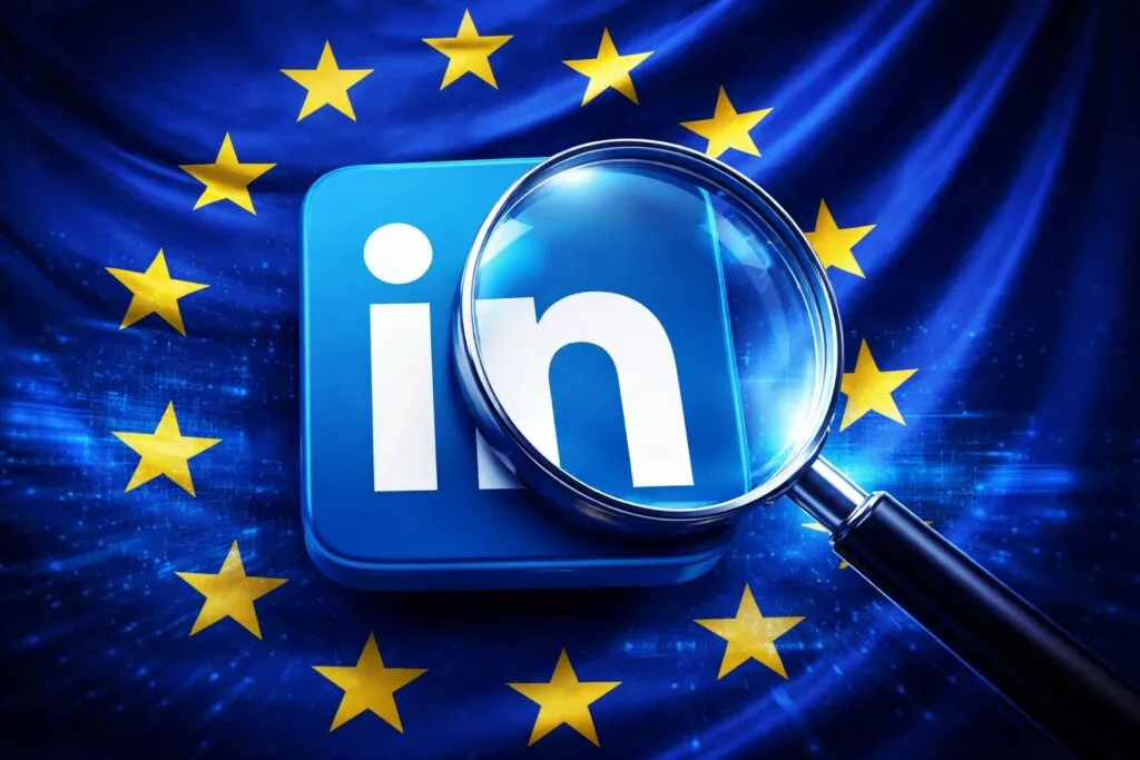 una grande lente di ingrandimento sta sopra il logo di linkedin e sullo sfondo la bandiera della comunità europea