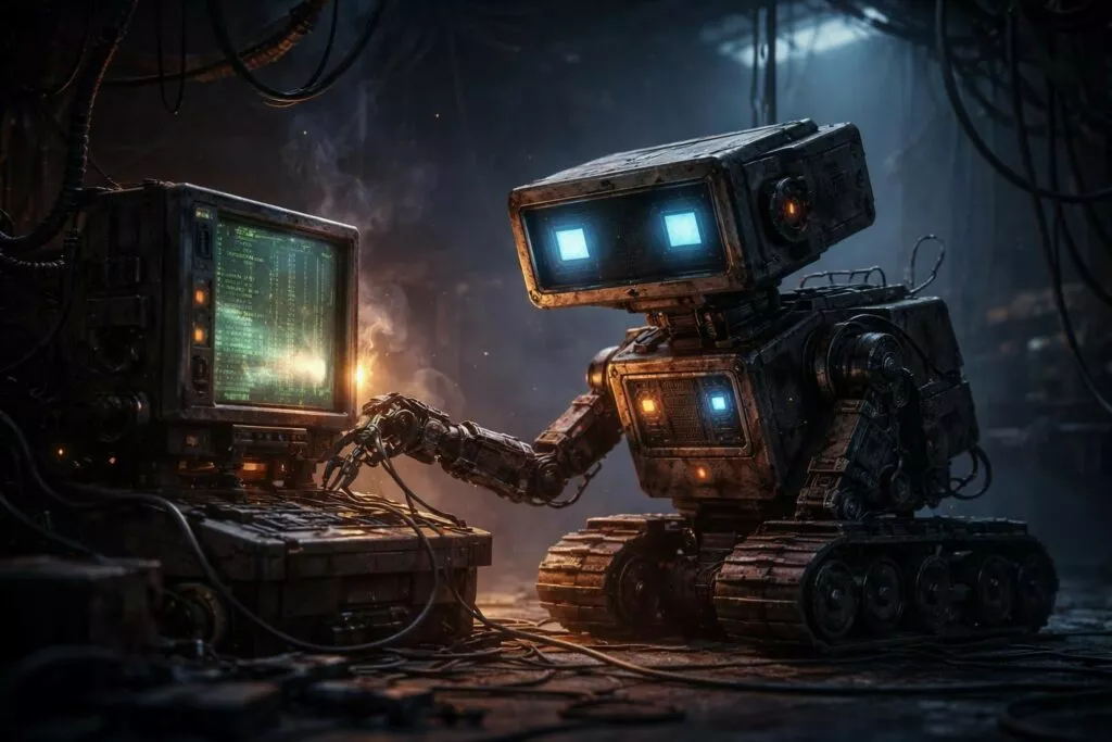 Un'illustrazione digitale in stile cinematografico e cyberpunk che ritrae un piccolo robot dall'aspetto usurato in un ambiente industriale buio e caotico. Il robot, che ricorda vagamente il design di WALL-E ma con una struttura più squadrata e massiccia, è montato su robusti cingoli metallici ed è caratterizzato da una testa a forma di parallelepipedo con due grandi occhi quadrati che emettono una luce azzurra brillante. Il robot è posizionato di profilo mentre interagisce con un vecchio terminale computerizzato ingombro di cavi. La sua mano meccanica, dotata di dita sottili, sembra stia operando sulla tastiera o manipolando i circuiti del computer. Lo schermo del monitor visualizza righe di codice verde brillante, tipico dei sistemi informatici retrò, e sprigiona piccole scintille e un leggero fumo, suggerendo una riparazione in corso o un malfunzionamento. L'ambiente circostante è un'officina o un seminterrato buio, saturo di cavi aggrovigliati che pendono dal soffitto e si snodano sul pavimento. L'atmosfera è resa suggestiva da forti contrasti di luce: la fredda luminescenza azzurra degli occhi del robot e dello schermo si scontra con i riflessi caldi e arancioni delle scintille e delle spie luminose sul petto del droide. La texture delle superfici è dettagliata, mostrando metallo graffiato, ruggine e polvere, conferendo alla scena un senso di realismo e decadenza tecnologica.