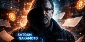 Gemini ha detto Un'immagine digitale drammatica e altamente stilizzata presenta un ritratto in primo piano di un uomo con la barba brizzolata e gli occhiali, il cui volto è diviso verticalmente a metà da un netto contrasto di luce e ombra. La parte sinistra dell'uomo è avvolta nell'oscurità sotto il cappuccio di una giacca scura, con il nome Satoshi Nakamoto scritto in lettere digitali blu neon che brillano davanti a lui. La metà destra del suo volto è chiaramente visibile e illuminata da una luce fredda e bluastra, con il nome Adam Back scritto in modo più sottile in grigio sulla sua spalla. Lo sfondo è un amalgama caotico e futuristico di interfacce digitali, stringhe di codice dorate, fogli di carta che fluttuano nell'aria e due grandi monete Bitcoin incandescenti che emettono un forte bagliore arancione. L'intera composizione suggerisce un'atmosfera di mistero, crittografia e l'identità nascosta dietro la creazione delle criptovalute, giocando sulla teoria del complotto che collega le due figure menzionate.