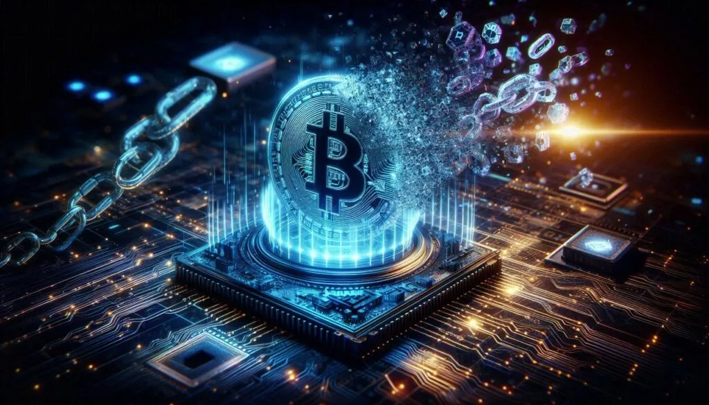 A dramatic 16:9 cinematic scene showing a futuristic quantum computer glowing with blue and purple light, surrounded by floating digital chains breaking apart, symbolizing cracked encryption. In the foreground, a holographic Bitcoin symbol and blockchain nodes are dissolving into particles. Background filled with abstract quantum circuits and data streams. High contrast, ultra-detailed, cyberpunk style, optimized for tech news and viral impact, sharp focus, depth of field, dark atmosphere with neon highlights.