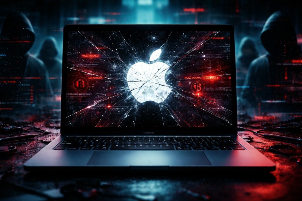 Una scena drammatica in formato 16:9 dedicata alla sicurezza informatica, che mostra un laptop MacBook in un ambiente buio. Al centro dello schermo è chiaramente visibile un logo luminoso in stile Apple, ma il display è incrinato e frammentato come vetro in frantumi. Dietro le crepe emergono avvisi di allerta rossi, codice malware e sottili simboli di criptovaluta, che suggeriscono minacce nascoste e sfruttamento. Sullo sfondo, sagome di hacker in ombra ed effetti di glitch digitale accentuano il senso di intrusione. Stile: ultra-realistico, alto contrasto, illuminazione cinematografica, estetica cyberpunk, messa a fuoco nitida, ottimizzato per Google Discover e i media di informazione.