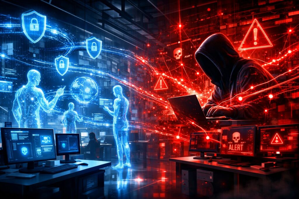 Un ufficio aziendale dal design futuristico con agenti di intelligenza artificiale luminosi, rappresentati come figure olografiche che interagiscono con flussi di dati, mentre sullo sfondo una figura oscura e sfuggente di un hacker manipola gli stessi flussi; forte contrasto tra gli scudi blu della sicurezza informatica e i segnali di attacco rossi; endpoint digitali in evidenza; illuminazione cinematografica; alto livello di dettaglio; prospettiva drammatica; formato 16:9; ottimizzato per le notizie e per un impatto virale
