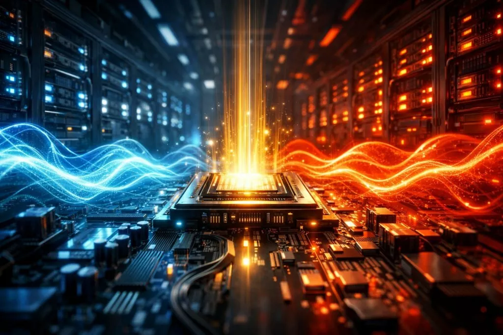 Un data center futuristico pieno di server GPU luminosi, dove l'energia scorre come vivaci flussi elettrici che si trasformano in morbide vibrazioni ondulate; un microchip avanzato al centro che emette luce, a simboleggiare la tecnologia piezoelettrica; il contrasto tra le zone rosse surriscaldate e quelle blu, fresche ed efficienti; illuminazione cinematografica; atmosfera high-tech ultra-dettagliata; prospettiva drammatica