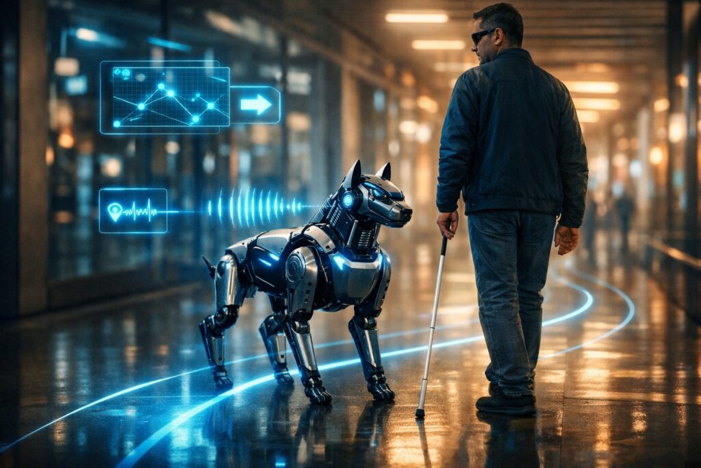 Un cane guida robotico dal design futuristico e dalle linee metalliche eleganti che accompagna una persona ipovedente in un ambiente interno moderno; il robot emette delicate linee di navigazione olografiche blu e segnali vocali, elementi di interfaccia high-tech fluttuano nell'aria
