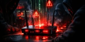 Un router Wi-Fi domestico è posizionato al centro di una stanza buia, illuminato da intense luci rosse che segnalano uno stato di allerta. Intorno al dispositivo si intravedono figure umane incappucciate, avvolte nell’ombra, che rappresentano hacker intenti a colpire la rete. Dall’alto e dai lati scendono flussi di codice digitale luminoso che sembrano infiltrarsi nel router, creando un’atmosfera tesa e minacciosa. L’immagine trasmette il concetto di un attacco informatico in corso contro una rete domestica vulnerabile, evidenziando i rischi legati alla sicurezza dei dispositivi connessi.