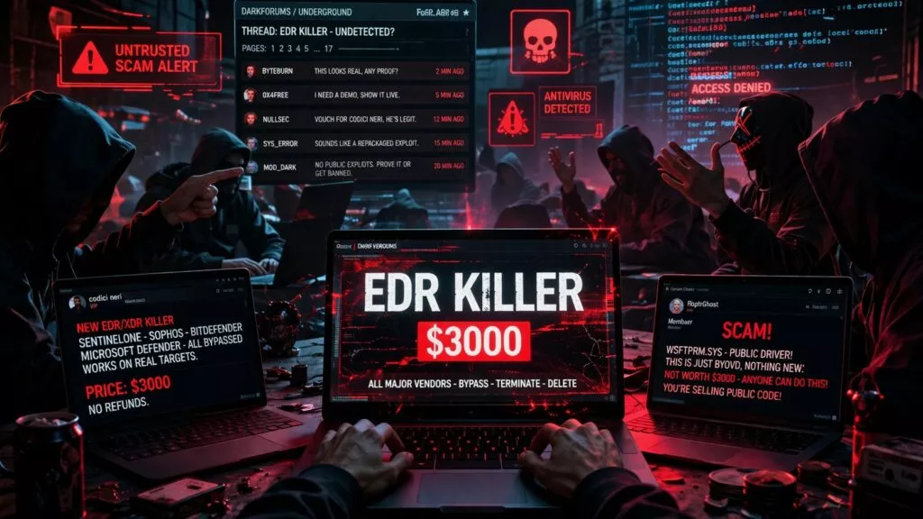 Scena cyberpunk ambientata in un forum underground di cybercriminali: un gruppo di hacker anonimi, alcuni con cappucci e maschere, è riunito attorno a un tavolo illuminato da luci rosse e blu. Al centro, un laptop mostra in evidenza la scritta “EDR Killer $3000” con effetti glitch, mentre sugli schermi circostanti scorrono codice, avvisi di sicurezza e messaggi di chat che discutono se si tratti di una truffa. I partecipanti gesticolano animatamente, indicando gli schermi e accusandosi a vicenda. Sullo sfondo compaiono icone di malware, simboli di pericolo e loghi di soluzioni EDR barrate, creando un’atmosfera tesa e caotica che rappresenta un conflitto interno al mondo del cybercrime.