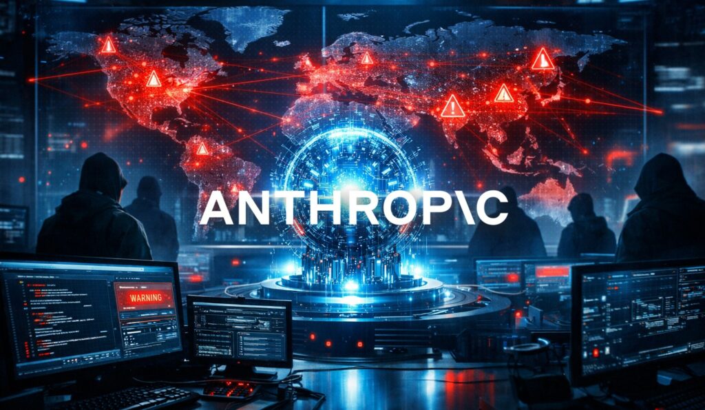 Control room futuristica dedicata alla cybersecurity con un nucleo di intelligenza artificiale luminoso al centro che analizza reti digitali globali; intorno, monitor ad alta tecnologia mostrano codice e allerte di sicurezza mentre una mappa del mondo evidenzia numerose vulnerabilità in rosso. Sullo sfondo, figure di hacker in ombra osservano la scena, creando un’atmosfera tesa, cinematografica e ad alto impatto visivo.