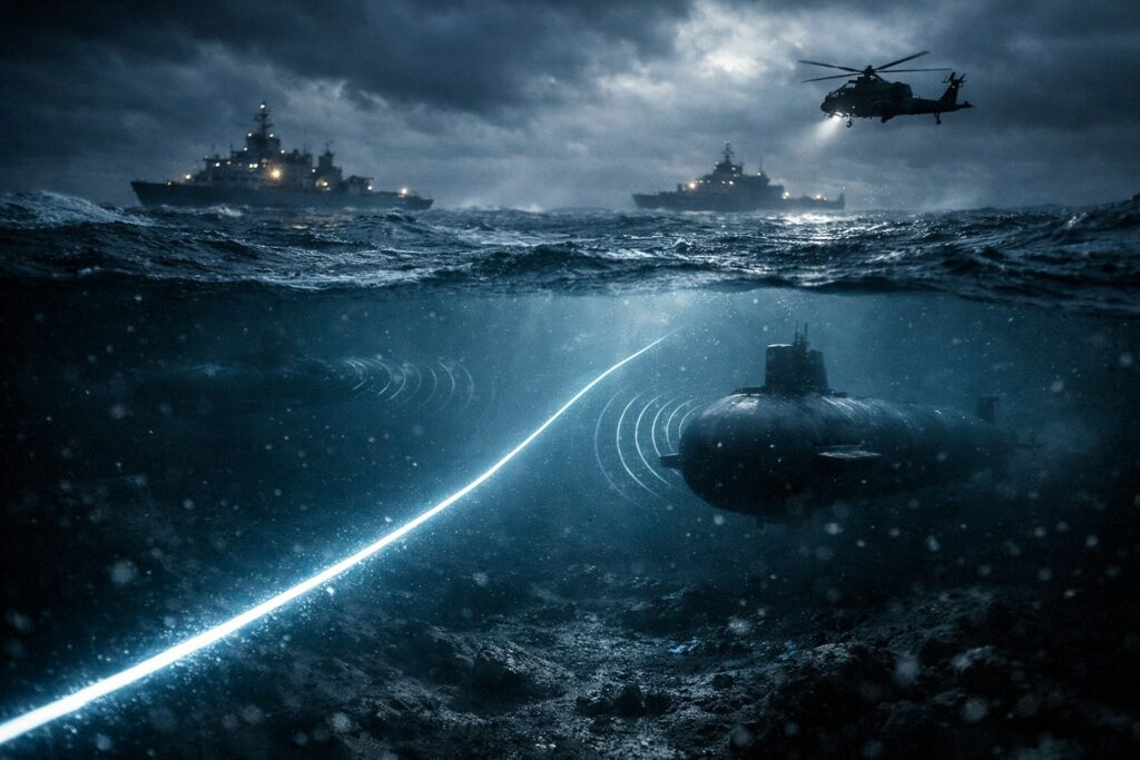 Un’illustrazione realistica e drammatica del fondale del Mare del Nord con un cavo sottomarino che attraversa l’oceano scuro e illuminato da segnali digitali. In lontananza si vedono sottomarini militari in assetto operativo e sistemi sonar attivi. In superficie, navi da guerra e un elicottero pattugliano l’area in un contesto di alta tensione geopolitica. L’immagine rappresenta la sorveglianza delle infrastrutture critiche e il rischio di guerra ibrida tra Russia e Regno Unito.