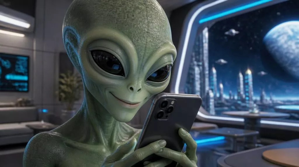 Un'immagine digitale fotorealistica mostra un alieno "Grigio" dalla pelle verde smeraldo e texture rugosa mentre interagisce con uno smartphone moderno. L'alieno ha grandi occhi neri lucidi, un accenno di sorriso e dita lunghe e sottili che impugnano il dispositivo. Si trova all'interno di una astronave lussuosa dal design futuristico, con luci LED blu e arredamento minimalista. Sullo sfondo, una grande vetrata curva offre una vista mozzafiato sullo spazio profondo, rivelando una metropoli galattica illuminata, diverse navicelle in volo e un imponente pianeta bluastro simile alla Terra che domina l'orizzonte cosmico.