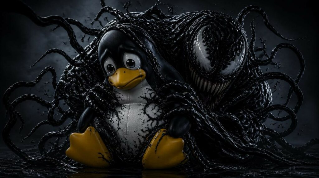 Un'illustrazione digitale cupa e cinematografica mostra Tux, la mascotte di Linux, sopraffatta dal simbionte Venom. Il pinguino, reso con uno stile 3D realistico, appare vulnerabile e terrorizzato, con grandi occhi lucidi e una lacrima che riga il volto. Dietro di lui, la mostruosa creatura della Marvel emerge dall'oscurità: una massa ribollente di materia nera viscosa e tentacoli vorticosi che avvolgono il corpo di Tux. Il volto di Venom, con i suoi iconici occhi bianchi e denti affilati, incombe minaccioso sulla spalla del pinguino. L'illuminazione drammatica enfatizza le texture lucide della sostanza aliena, creando un contrasto netto tra l'innocenza della mascotte e l'aggressività del simbionte.