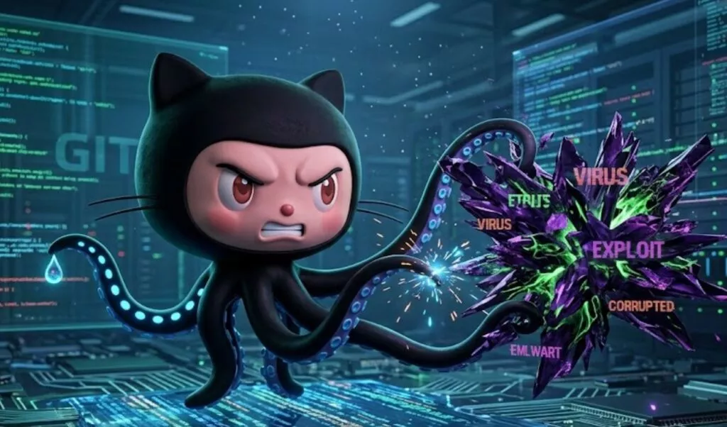 Illustrazione in stile fumetto cyber-tech con un personaggio ispirato a un gatto-polpo nero al centro della scena. Il protagonista mostra occhi grandi, intensi e arrabbiati, con sopracciglia abbassate e un’espressione determinata. I tentacoli luminosi, decorati da punti blu neon, combattono aggressivamente contro creature malware rosse dall’aspetto virale e minaccioso. Alcuni nemici vengono colpiti, schiacciati o intrappolati da energia digitale. Sullo sfondo appaiono codici binari, interfacce olografiche, avvisi di minaccia e pannelli di sicurezza. L’atmosfera futuristica è dominata da luci blu elettriche, effetti digitali e una forte estetica tecnologica con dettagli visivi dinamici che amplificano tensione, azione e senso epico coinvolgente.