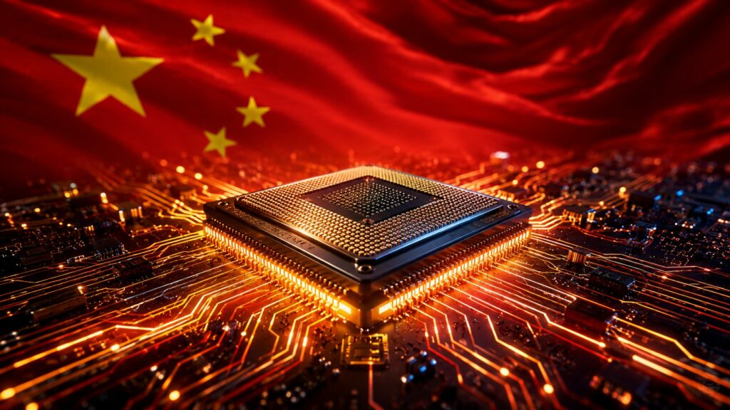 Un moderno microprocessore quadrato brilla intensamente al centro dell'inquadratura, posizionato su un circuito stampato complesso e scuro. I tracciati elettronici dorati e arancioni sulla scheda madre sono retroilluminati, creando un effetto di energia pulsante che converge verso il chip centrale. Sullo sfondo, parzialmente sfocata ma chiaramente riconoscibile, si staglia la bandiera nazionale della Cina con le sue caratteristiche cinque stelle dorate su un tessuto rosso ondulato. L'atmosfera generale dell'immagine, fortemente simbolica, evoca i concetti di tecnologia avanzata, produzione di semiconduttori, intelligenza artificiale e la crescente potenza geopolitica ed economica cinese nel settore tech globale.