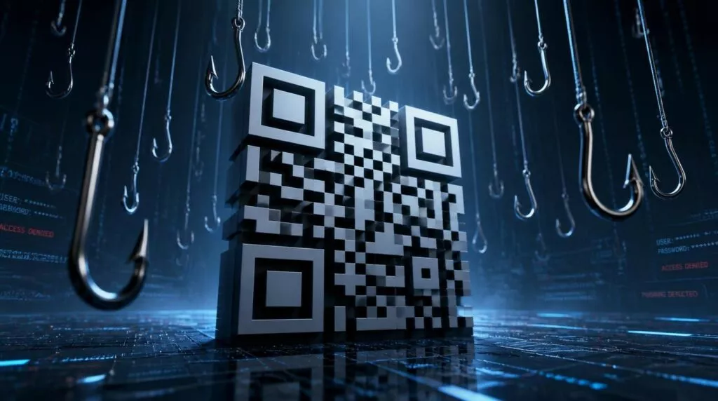 Un'immagine concettuale in stile cyberpunk incentrata sulla sicurezza informatica. Al centro si erge un grande codice QR tridimensionale, grigio e squadrato, posizionato su una superficie lucida e tecnologica che riflette una luce blu soffusa. Dal soffitto invisibile pendono decine di ami da pesca metallici e affilati, che circondano il codice evocando il concetto di "phishing". Sullo sfondo scuro e digitale si intravedono stringhe di codice e messaggi di testo rossi, tra cui "ACCESS DENIED". L'atmosfera generale è cupa, tesa e futuristica, e rappresenta visivamente i pericoli delle truffe informatiche tramite codici QR.