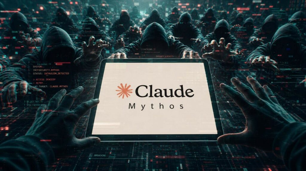 Un'immagine digitale drammatica e in stile cyberpunk mostra una folla di hacker incappucciati che circonda un grande tablet luminoso. Sullo schermo bianco del dispositivo campeggiano il logo arancione di Anthropic e la scritta "Claude Mythos". Sullo sfondo scuro, decine di figure avvolte in felpe nere con cappuccio protendono le mani verso lo schermo, evocando un'atmosfera da attacco informatico di massa o un'invasione zombie. Elementi di interfaccia digitale, stringhe di codice rosso e verde e scritte come "STATUS: INTRUSION_DETECTED" fluttuano nell'aria, amplificando la sensazione di un imminente e caotico violamento di un sistema di intelligenza artificiale.