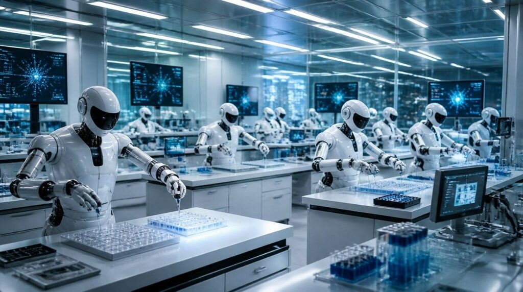 Un laboratorio scientifico futuristico e altamente automatizzato, dove numerose postazioni di lavoro sono occupate da robot umanoidi bianchi e neri. I robot, disposti in file ordinate lungo i banconi lucidi, utilizzano pipette di precisione e piastre da laboratorio per manipolare accuratamente campioni chimici o biologici. L'ambiente è sterile e molto luminoso, caratterizzato da ampie pareti in vetro, lucide luci a LED sul soffitto e tonalità fredde blu e d'argento. Sullo sfondo e in primo piano compaiono monitor digitali che mostrano grafici complessi e strutture molecolari, insieme a provette piene di liquido blu, evidenziando una ricerca tecnologica avanzata.