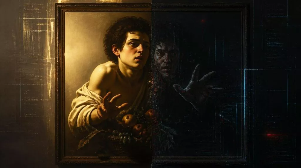Un dipinto incorniciato diviso verticalmente a metà. A sinistra, un giovane uomo con capelli ricci, in stile barocco caravaggesco, guarda spaventato mostrando una spalla nuda e un cesto di frutta, illuminato da una luce calda e dorata. A destra, la stessa figura si dissolve nella profonda oscurità digitale e glitchata, ricca di linee di codice, pixel e circuiti elettronici blu e rossi. La sua mano scura si tende in avanti come una presenza cibernetica. Lo sfondo segue questa netta transizione, passando da trame dorate a un reticolo tecnologico scuro, creando un forte contrasto visivo tra tradizione classica e moderna tecnologia.