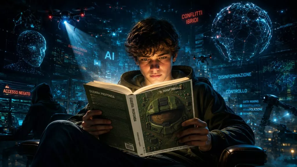 Un giovane concentrato legge un libro luminoso intitolato "GUERRA PROFONDA" in un ambiente cyberpunk oscuro. La copertina mostra un elmetto verde futuristico simile a un circuito integrato. Intorno fluttuano droni con luci rosse e blu e ologrammi avanzati, inclusi un globo terrestre interconnesso e un volto digitale wireframe. Sullo sfondo, monitor pieni di dati proiettano parole chiave come "CONFLITTI IBRIDI", "AI", "DISINFORMAZIONE", "CONTROLLO", "SORVEGLIANZA" e "ACCESSO NEGATO". Sulla sinistra, una figura incappucciata opera davanti a dei monitor. Questa illustrazione digitale evoca dinamiche di cyber-guerra, sorveglianza di massa, manipolazione dei dati informatici e controllo geopolitico nel nostro futuro della rete globale.