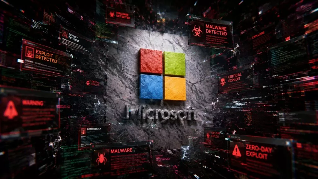 Logo Microsoft tridimensionale al centro della scena, scolpito in marmo grigio con texture realistiche e illuminazione cinematografica. Attorno si sviluppa un vortice dinamico di finestre digitali, avvisi di sicurezza, exploit, malware e codice informatico sospeso nello spazio. L’ambiente richiama un contesto cyberpunk ad alta tecnologia, con effetti di movimento, profondità e particelle luminose che convergono verso il logo. Leggeri glitch digitali, distorsioni cromatiche e interferenze visive attraversano l’immagine, accentuando il senso di caos informatico.