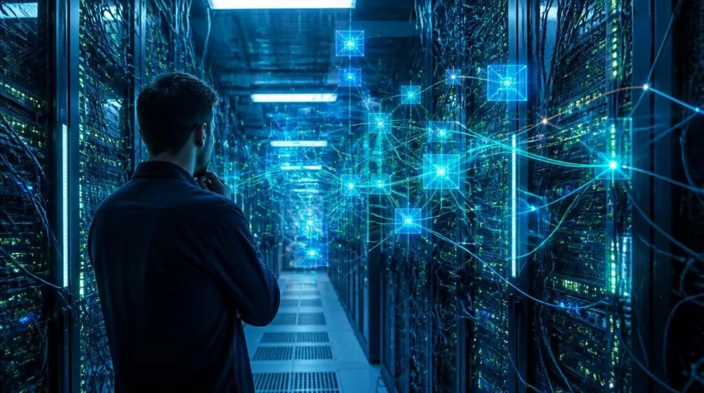 Un uomo di spalle, colto in un atteggiamento riflessivo con la mano sul mento, osserva il corridoio di un moderno e tecnologico data center. Ai suoi lati si estendono alte file di server rack, densi di cavi e illuminati da fredde luci blu. Nell'aria, al centro del corridoio, fluttua una complessa rete olografica tridimensionale di colore azzurro brillante. Questa struttura astratta è composta da nodi cubici luminosi e linee interconnesse che simulano il flusso di dati digitali o un'intelligenza artificiale in azione. L'atmosfera generale è futuristica, dominata da tonalità scure, ombre profonde e intensi bagliori neon blu e ciano.