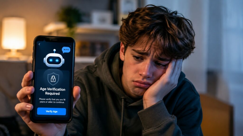 Un giovane ragazzo guarda la fotocamera con un'espressione visibilmente delusa e sconfortata, appoggiando la testa sulla mano sinistra. Con la mano destra regge uno smartphone rivolto verso l'osservatore, mostrando sullo schermo un'applicazione con l'interfaccia di un chatbot. Sul display compare un avviso di sicurezza con l'icona di un lucchetto e la scritta "Age Verification Required", che invita l'utente a confermare di avere almeno 18 anni per proseguire. L'ambiente circostante è domestico e poco illuminato, con una lampada calda sullo sfondo che crea un contrasto soffuso con la luce fredda emanata dal dispositivo mobile.