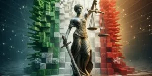 rivisitazione digitale e monumentale della Giustizia. Al centro svetta una statua marmorea di Iustitia, finemente scolpita, che impugna una bilancia in equilibrio e una spada rivolta verso il basso. Sullo sfondo, un tricolore italiano stilizzato è composto da migliaia di blocchi voxel 3D che emergono dinamicamente. La scena è immersa in un'atmosfera futuristica, con una rete di particelle luminose e connessioni digitali che fluttuano nel buio. La luce calda e zenitale enfatizza le texture del marmo e le geometrie dei blocchi, creando un forte contrasto tra tradizione classica e modernità tecnologica.