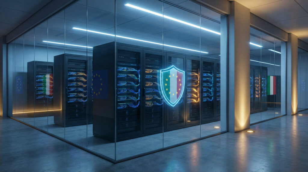Un moderno e pulito data center racchiuso da ampie pareti di vetro trasparente. All'interno della sala server climatizzata si trovano diverse file di rack neri, ordinati e illuminati da cavi di rete blu e arancioni. Al centro spicca uno scudo digitale olografico e luminoso che mostra i colori della bandiera italiana circondati dalle stelle dorate dell'Unione Europea. Sulle superfici di alcuni server e sulle pareti esterne sono visibili, in trasparenza, le bandiere dell'Italia e dell'UE. L'ambiente esterno è un corridoio vuoto con pavimento in cemento lucido, illuminato da luci fredde a soffitto e caldi faretti a terra.