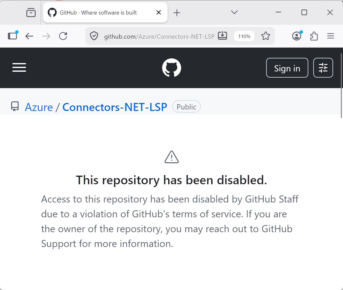 La pagina mostra un messaggio che indica che l'accesso a questo repository è stato limitato a causa della violazione dei termini di servizio di GitHub e fornisce informazioni di contatto per il supporto GitHub.