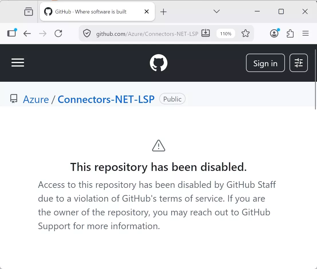 La pagina mostra un messaggio che indica che l'accesso a questo repository è stato limitato a causa della violazione dei termini di servizio di GitHub e fornisce informazioni di contatto per il supporto GitHub.