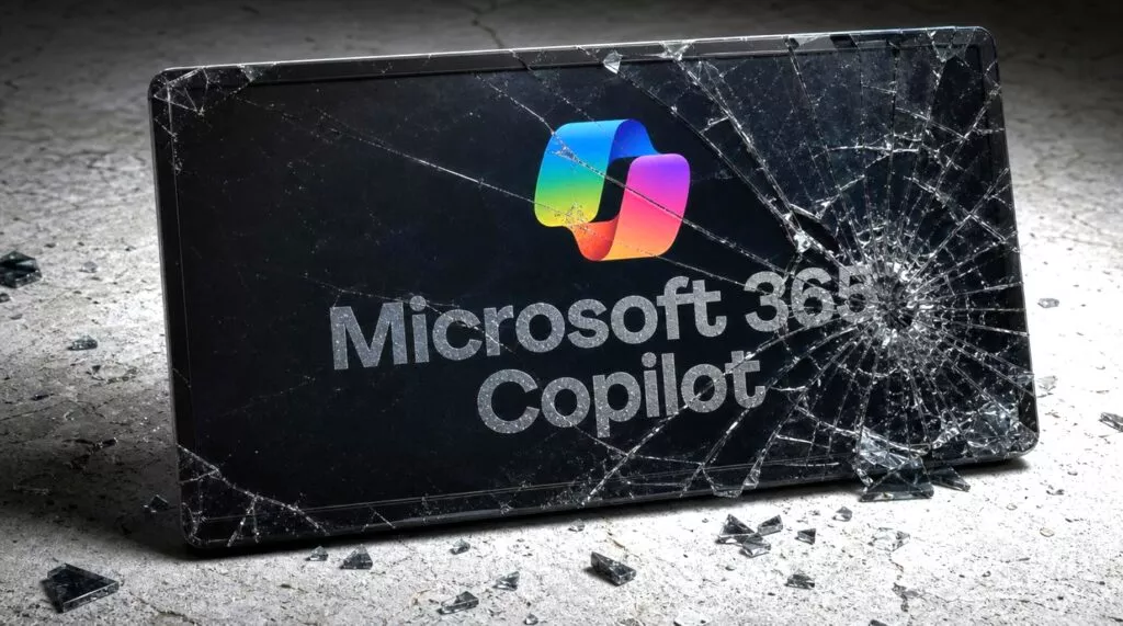 In una stanza oscura con illuminazione limitata, multiple schermi di computer mostrano codice e diagrammi di rete. Uno schermo visualizza l'interfaccia di Microsoft Copilot Enterprise Search con un parametro URL 'q' manipolato da un attaccante. Un altro schermo mostra un'email contenente un codice di autenticazione a due fattori. Una figura scura digita comandi sul tastiera, simbolizzando il processo di hacking. L'ambiente mostra apparecchiature tecniche sparse e luce fioca, evidenziando un'attacco alla sicurezza del sistema.