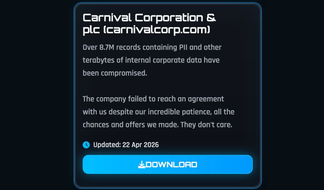 Immagine che mostra il blog dei criminali informatici di ShinyHunters, e la rivendicazione dell'attacco informatico alla Carnival Corporation.