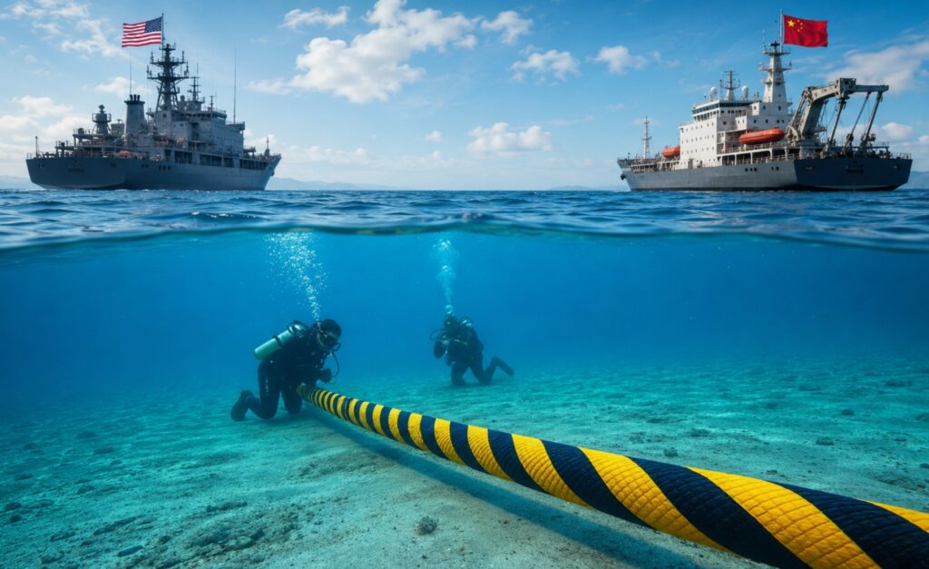 Scena sottomarina con una rete complessa di cavi fibra ottica che si estende sul fondo oceano, circondata da navi militari di varie nazioni, tra cui cine e stati uniti. Al centro dei sommozzatori stanno esaminando un cavo sottomarino.