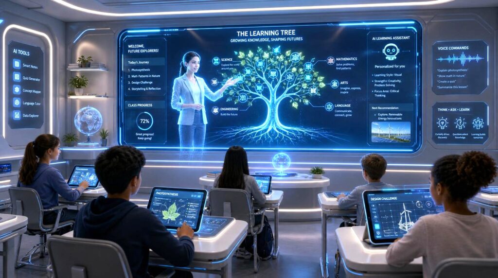 Una classe futurista con un insegnante in holografico che interagisce con gli studenti utilizzando tecnologie avanzate di intelligenza artificiale. Sul grande schermo si visualizza un albero interattivo che rappresenta il processo educativo, mentre gli studenti utilizzano dispositivi intelligenti per esplorare contenuti didattici. L'ambiente è caratterizzato da tecnologie integrate che promuovono un'apprendimento dinamico e personalizzato, riflettendo una nuova frontiera nell'istruzione moderna.