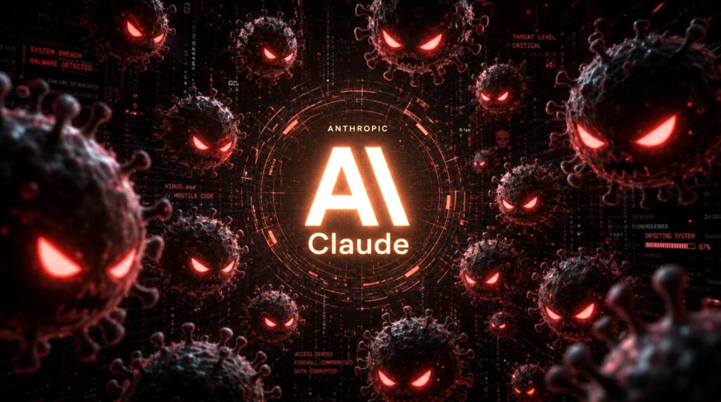 L'immagine mostra il logo di Claude AI al centro, circondato da numerosi malware con occhi rossi. Questa rappresentazione visiva illustra come hacker abbiano sfruttato una chat condivisa su Claude.ai per lanciare una campagna di malvertising denominata ClickFix. I malware in questione, evidenziati da occhi rossi, simboleggiano l'attacco informatico che mira a indurre utenti a cliccare su link pericolosi, compromettendo la sicurezza dei dispositivi. La scena evidenzia il pericolo associato all'uso non sicuro di piattaforme di chat condivise e l'importanza di proteggersi da attacchi di malvertising.