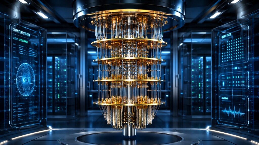 L'immagine mostra dettagli tecnici del laboratorio, come componenti di controllo e strumentazione per la gestione dei qubit, evidenziando la precisione e l'efficienza del sistema quantistico Helios nel processo di elaborazione quantistica.
