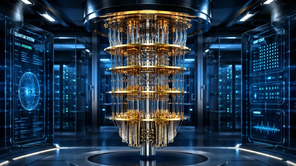 L'immagine mostra dettagli tecnici del laboratorio, come componenti di controllo e strumentazione per la gestione dei qubit, evidenziando la precisione e l'efficienza del sistema quantistico Helios nel processo di elaborazione quantistica.
