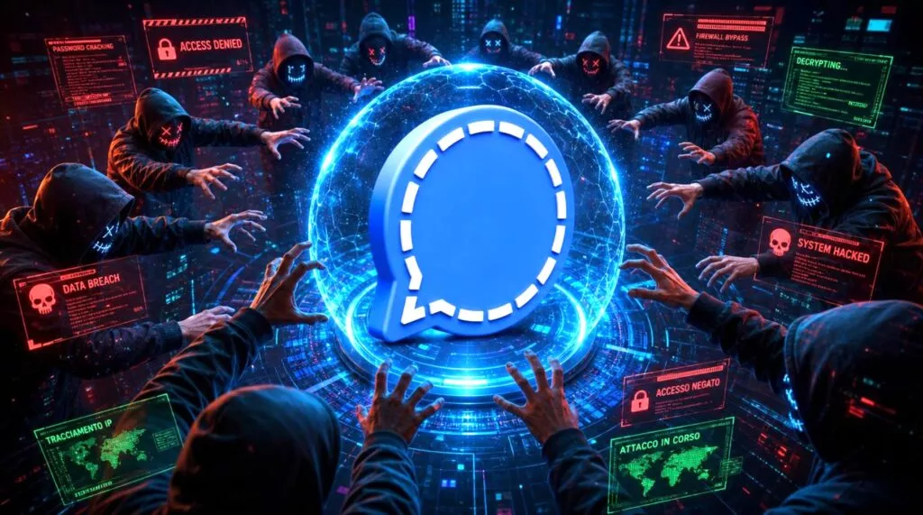 L'immagine mostra il logo di Signal con hacker che lo vogliono afferrare. L'FBI avvisa che gli hacker di intelligence russi mirano a recuperare le chiavi di recupero dei backup di Signal, una piattaforma di messaggistica istantanea crittografata.
