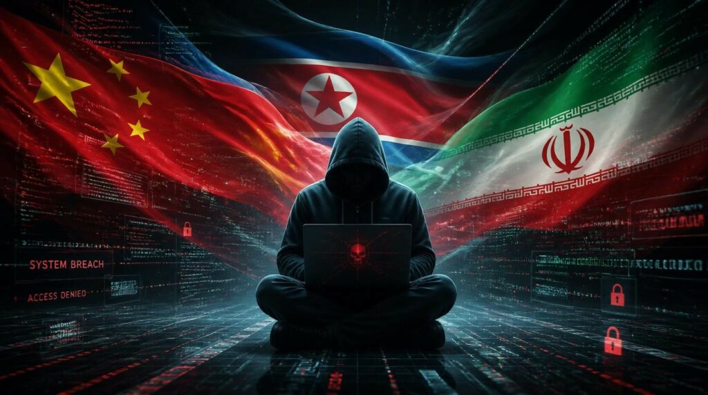 Immagine di un hacker seduto davanti a una serie di schermi con le bandiere di cinque paesi diversi, rappresentando la tecnologia e la sicurezza informatica.