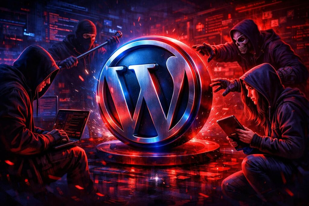 A group of hackers in a digital battle against the WordPress logo, symbolizing cybersecurity threats and protection.