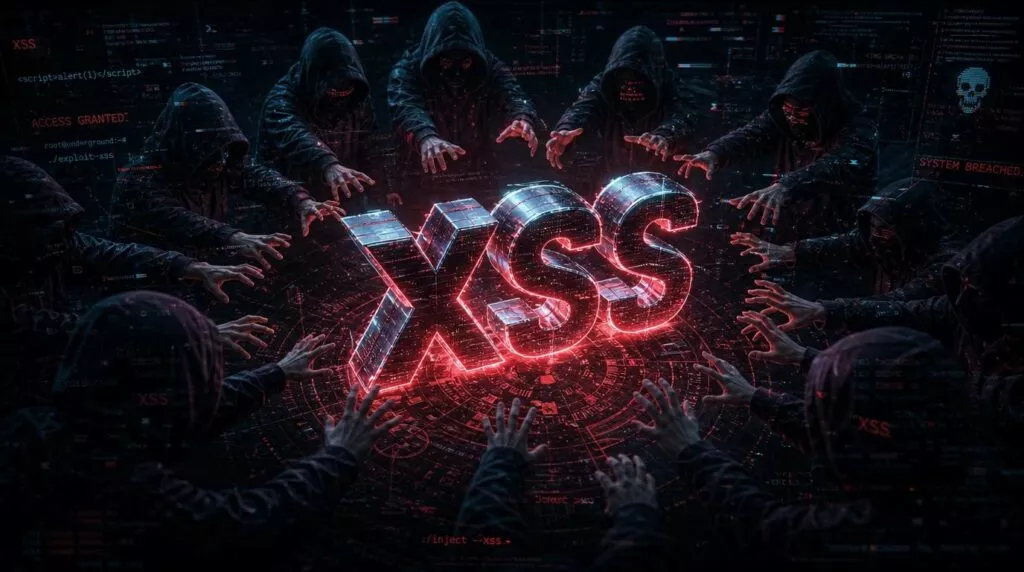 Immagine digitale in stile cyberpunk che rappresenta un attacco informatico XSS con una grande scritta centrale luminosa rossa "XSS" circondata da figure incappucciate che protendono le mani verso il centro come in un rituale digitale di hacking su uno sfondo scuro pieno di codice, script malevoli e interfacce hacker rosse con riferimenti visivi a vulnerabilità web, accessi violati e sicurezza compromessa l'atmosfera è cupa, minacciosa e tecnologica, evocando un cyberattacco in corso contro sistemi digitali globali il design enfatizza il concetto di intrusione, exploit e controllo malevolo delle reti informatiche moderne con forte impatto visivo e stile cinematografico digitale futuristico